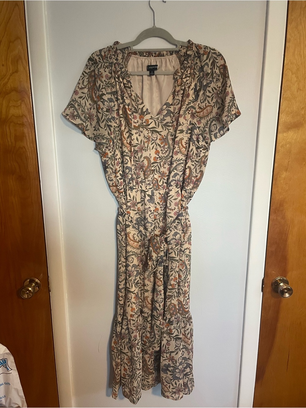 INC Floral Tie-Waist Dress - Green Cream Burnt Orange Floral 14